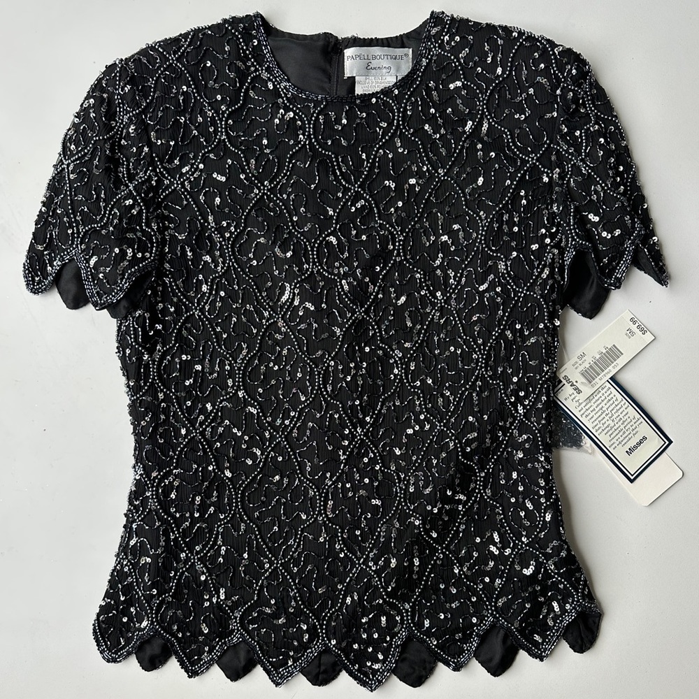 NWT Papell Boutique Evening Black 100% Silk Beaded Sequin Blouse Women’s Small